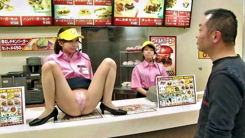 Japanese fast food worker in pink uniform exposing shaved pussy on counter