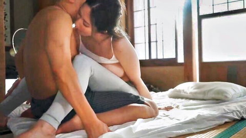 Japanese father-in-law embracing sexy daughter-in-law intimately