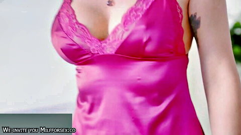 Alexis Malone in pink lace lingerie, seductive MILF cleavage tease