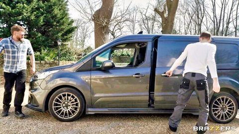 Two fit handymen in work clothes stand by open gray van door in outdoor Brazzers fuck setup