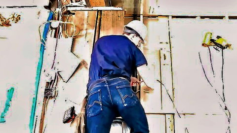 Fit construction worker bending over in tight jeans on site