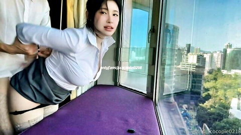 Chinese woman with big tits fucked doggy style in blouse and skirt