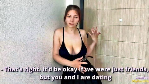 Busty curvy redhead GF teasing in low-cut black dress about dating