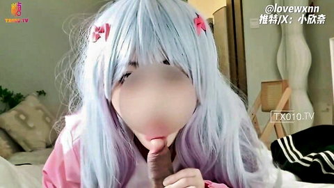 Lovewxnn cosplay girl with blue wig sucking large dildo