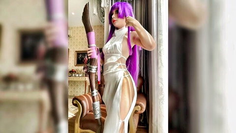 Umeko J as Fern Frieren cosplay in sexy white slit dress, long purple hair