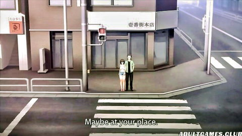 Anime couple at crosswalk in Chikan Shita Joshi Ep 2, girl in dress suggests your place