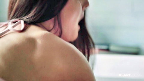 Katy Rose sensual side profile in pink bikini top, poolside threesome tease