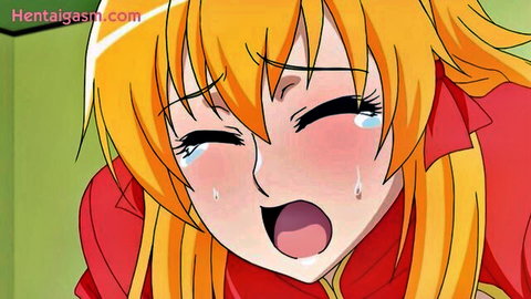 Blushing orange-haired hentai girl in red outfit with teary ecstasy face