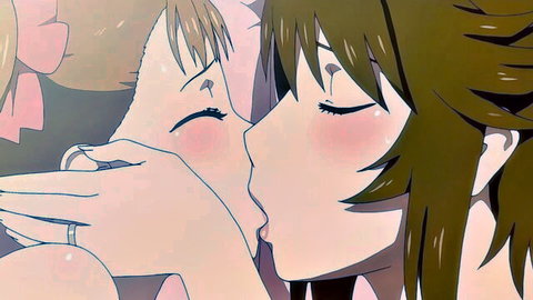 Two hentai girls passionately French kissing with open mouths and blushing cheeks