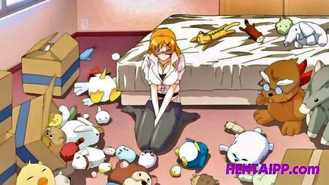 Busty orange-haired hentai girl with glasses kneeling surrounded by plush toys, unbuttoned blouse revealing massive tits