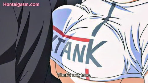 Hentai anime girl with massive tits bursting out of tight white tank top