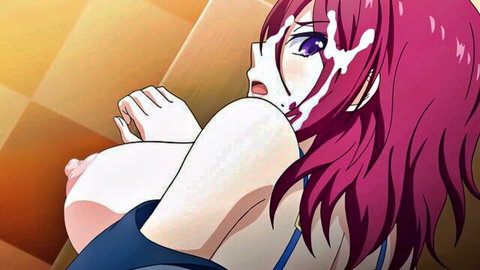 Redhead anime hentai girl with huge tits exposed gets messy facial cumshot dripping from open mouth