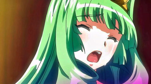 Green-haired hentai girl ahegao face with tongue out drooling in orgasmic ecstasy