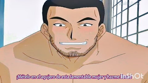 Muscular hentai hunk with goatee smirks in ecstasy with hardcore Spanish fuck text overlay