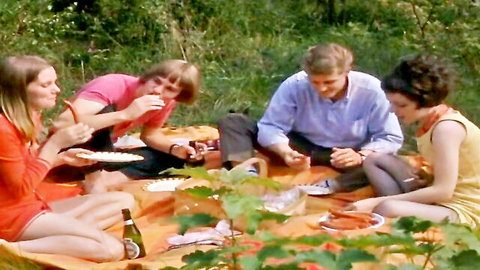 Vintage 1970s Danish porn picnic with four caucasian friends eating outdoors