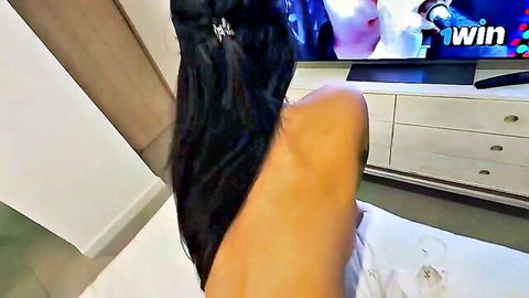 Asian step-sister teases with perfect big tits from behind view