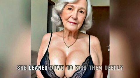 Mature gray-haired woman in black lace lingerie leaning down with deep cleavage