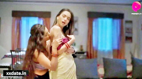 Two beautiful Indian women in saree fondling in horny lesbian scene