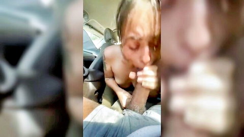 POV sloppy blowjob on FabianoTheP in car, blonde topless babe slurping cock and balls
