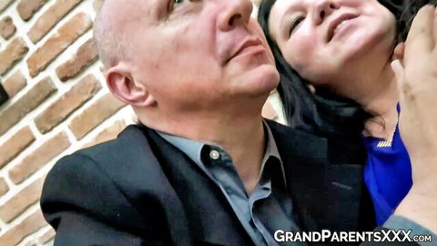 Mature Asian grandma and older man in close intimate pose from hot deepthroat threesome