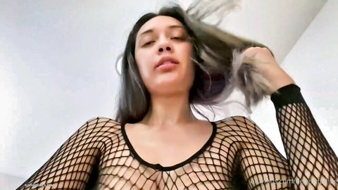 D.Hugs in fishnet top, solo masturbation with exposed breasts