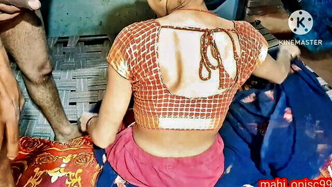 Desi Indian woman in backless checkered blouse with petticoat up exposing ass crack groped by man