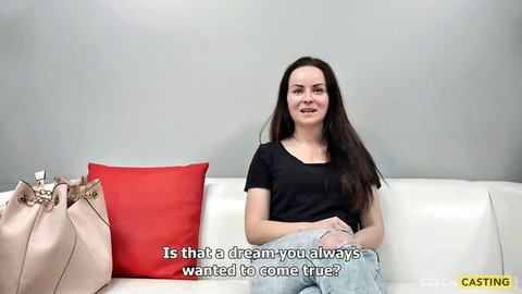 Czech casting amateur brunette smiles in tight top during couch audition interview