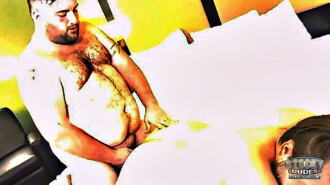 Hairy bear brother groping and about to fuck another dude on bed