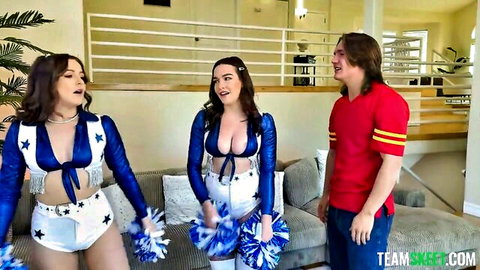 Rissa May and Serena Sterling as busty Dallas Cowboys cheerleaders with guy