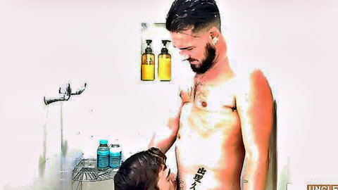 Bearded muscular hunk with big cock gets blown by kneeling brunette stud in shower