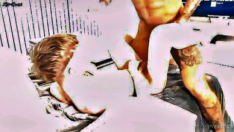 Muscular tattooed man giving intense oral to fit guy