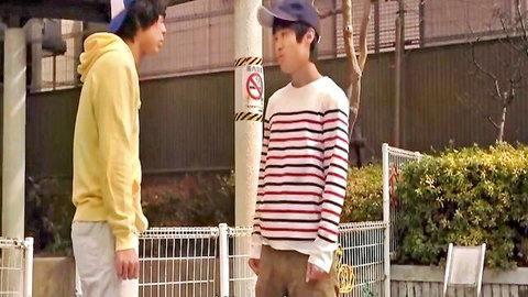 Ai Sayama JAV scene: two young men in casual talk outdoors
