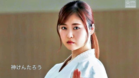 Prideful Japanese karate athlete in white gi, athletic build, red ponytail