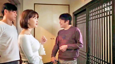 Skinny Japanese wife with small tits in off-shoulder top seduces two men in traditional room