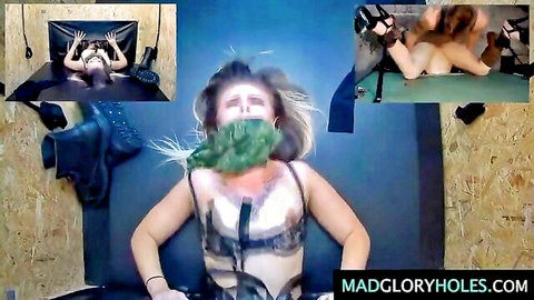 Bound blonde gagged in glory hole setup for squirting tease