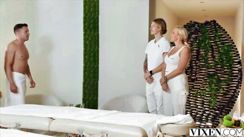 Ema Karter in white outfit with Alberto Blanco at steamy gym massage
