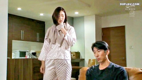 Asian cheating wife in silk pajamas facing lover, shame scene