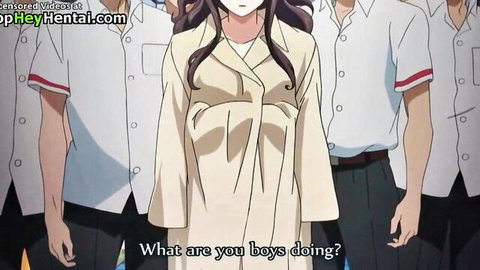 Anime schoolgirl in open coat surrounded by group of horny boys in uniforms teasing her