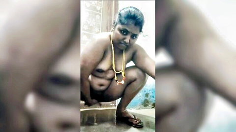 Tamil wife squatting nude, exposing pussy with gold jewelry