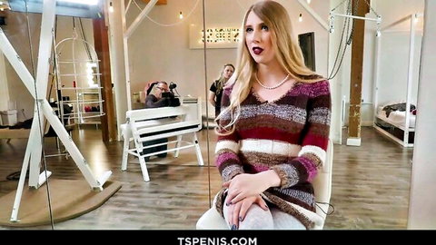 Blonde TS model Janelle Fennec in striped sweater interview