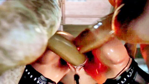 Hentai girl pleasuring two goblin cocks with hands and mouth in monster sex animation