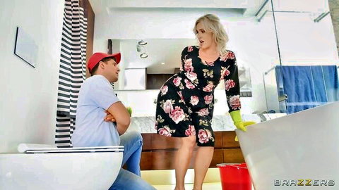 Brittany Bardot blonde MILF scolds plumber in sexy dress, Brazzers