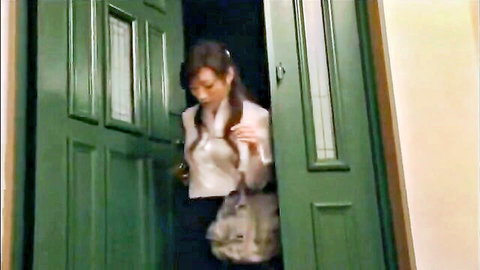 Akari Hoshino in seductive white blouse and skirt at doorway