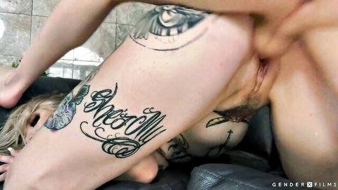 Blonde tattooed shemale Izzy Wilde in explicit solo exposure