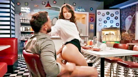 Liz in sexy diner tease, sitting on lap with exposed ass in white shirt and shorts