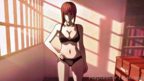 Busty anime babe Makima in black lingerie posing seductively