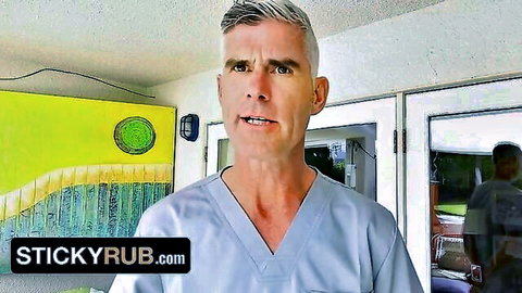 Grey-haired masseur in scrubs seduces twink for tension-relieving fuck