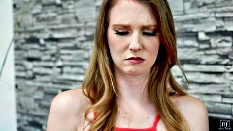 Ashley Lane emotional gaze in red top, GirlsOnlyPorn solo orgasm scene
