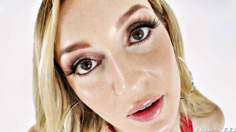 Blonde babe with glossy lips open wide in POV close-up ready to suck cock