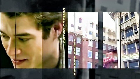 Young man as Peter Parker in Spider-Man XXX Parody, close-up with cityscape